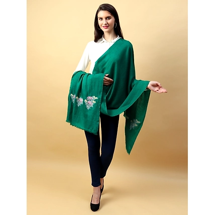 Green Pure Pashmina Shawl with hand embroidered floral motifs on either ends-3