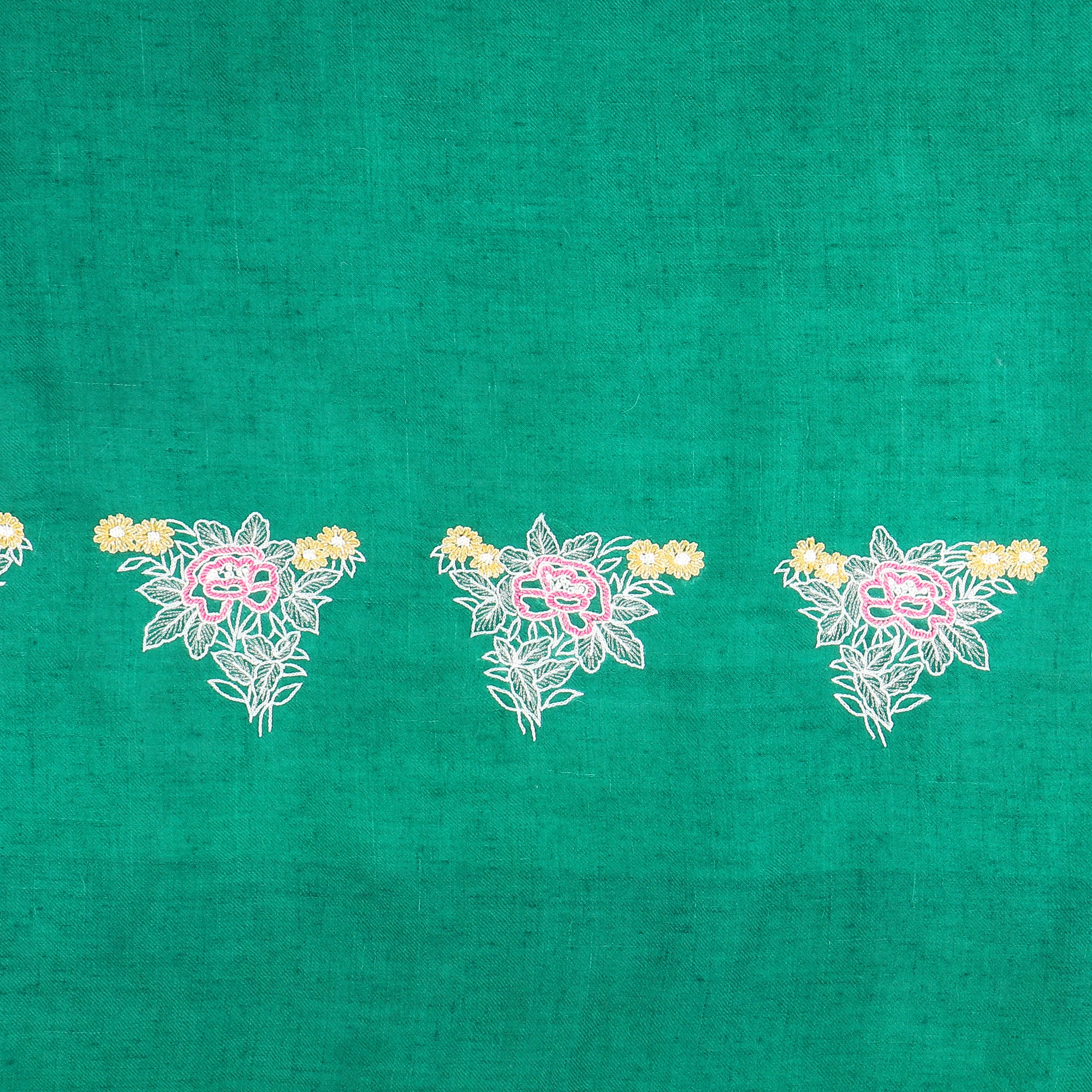 Green Pure Pashmina Shawl with hand embroidered floral motifs on either ends-4