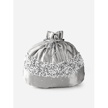 Silver Silk Potli Bag with pearls and swarovski crystals-MOD-GY-POTLI-WH
