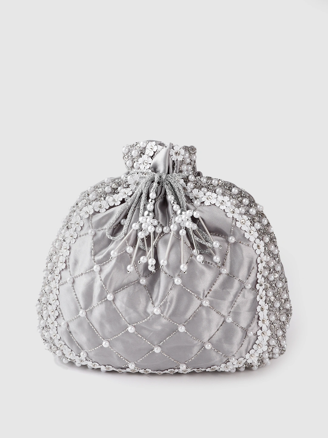 Silver Potli Bag With Silver crystals, white flowers, pearls and swarovski-MOD-GY-POTLI-WHSW