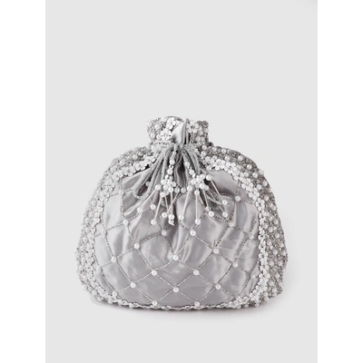 Silver Potli Bag With Silver crystals, white flowers, pearls and swarovski
