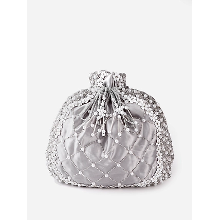 Silver Potli Bag With Silver crystals, white flowers, pearls and swarovski-MOD-GY-POTLI-WHSW