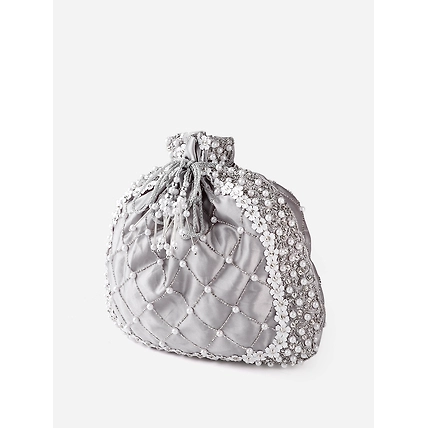 Silver Potli Bag With Silver crystals, white flowers, pearls and swarovski-1