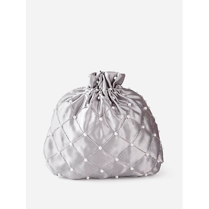 Silver Potli Bag With Silver crystals, white flowers, pearls and swarovski-2