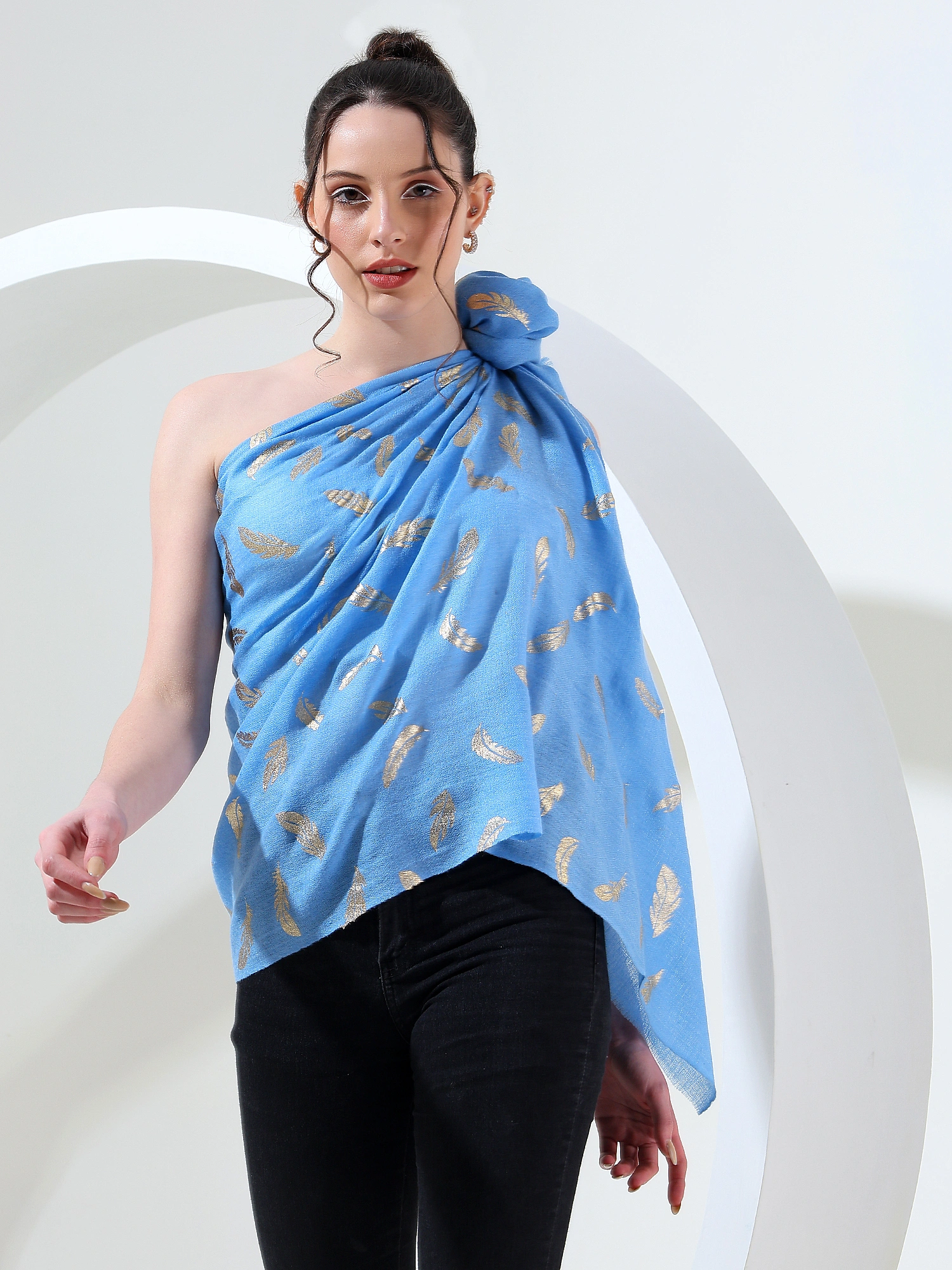 Blue shawl with gold leaf, best printed shawl online-2