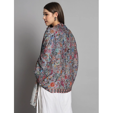 Grey kalamkari shawl with floral design an ideal bridal shawl-MOD-IK-FW-EMBR-FLBL
