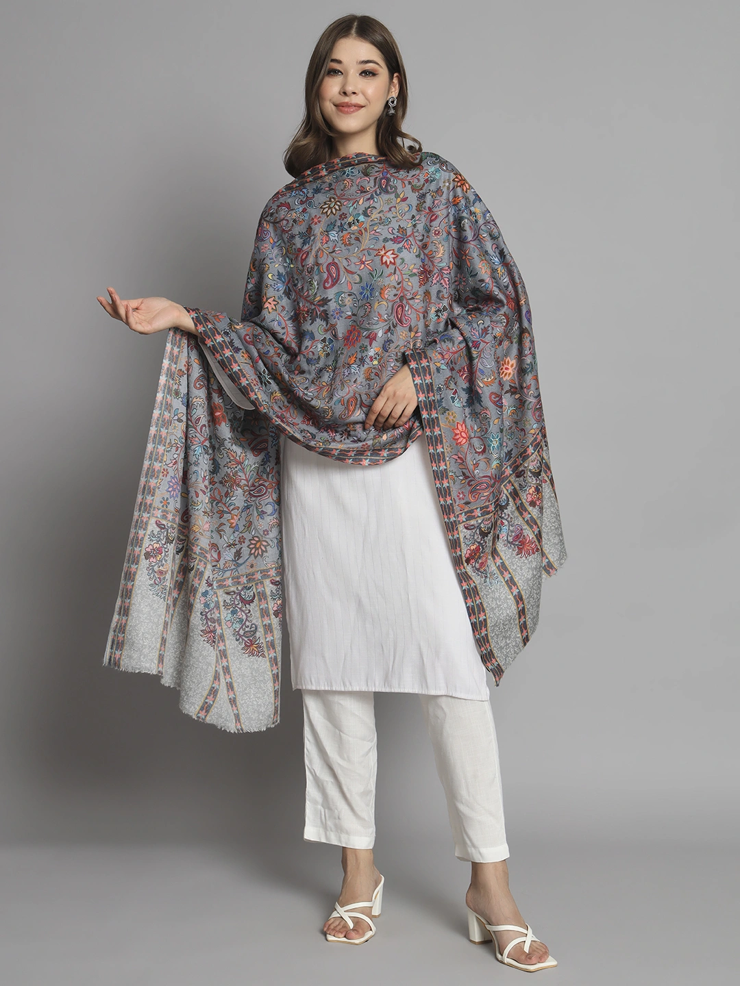 Grey kalamkari shawl with floral design an ideal bridal shawl-2