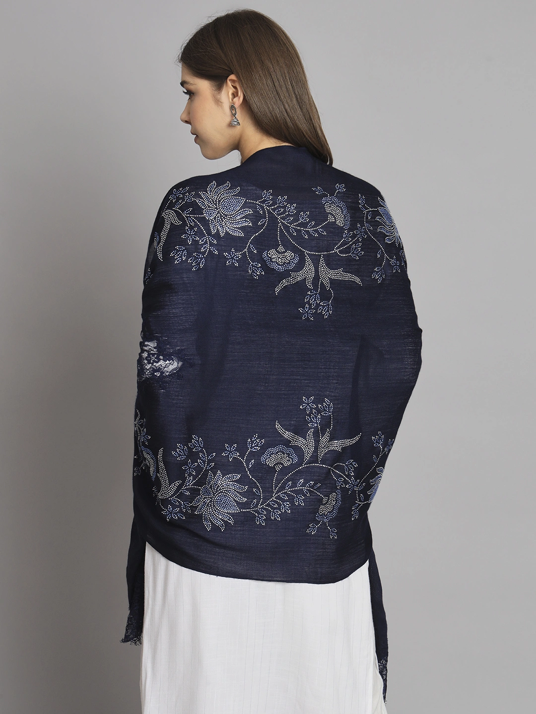 Blue Shawl with Floral Swarovski Design and Lace-MOD-IK-FW-LCBL-SWA