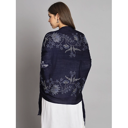 Blue Shawl with Floral Swarovski Design and Lace-MOD-IK-FW-LCBL-SWA