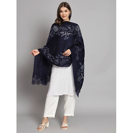 Blue Shawl with Floral Swarovski Design and Lace-1