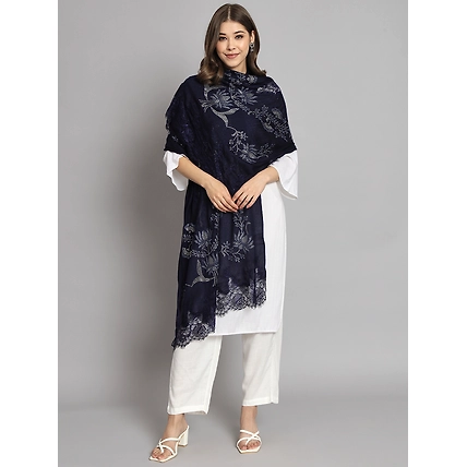 Blue Shawl with Floral Swarovski Design and Lace-2