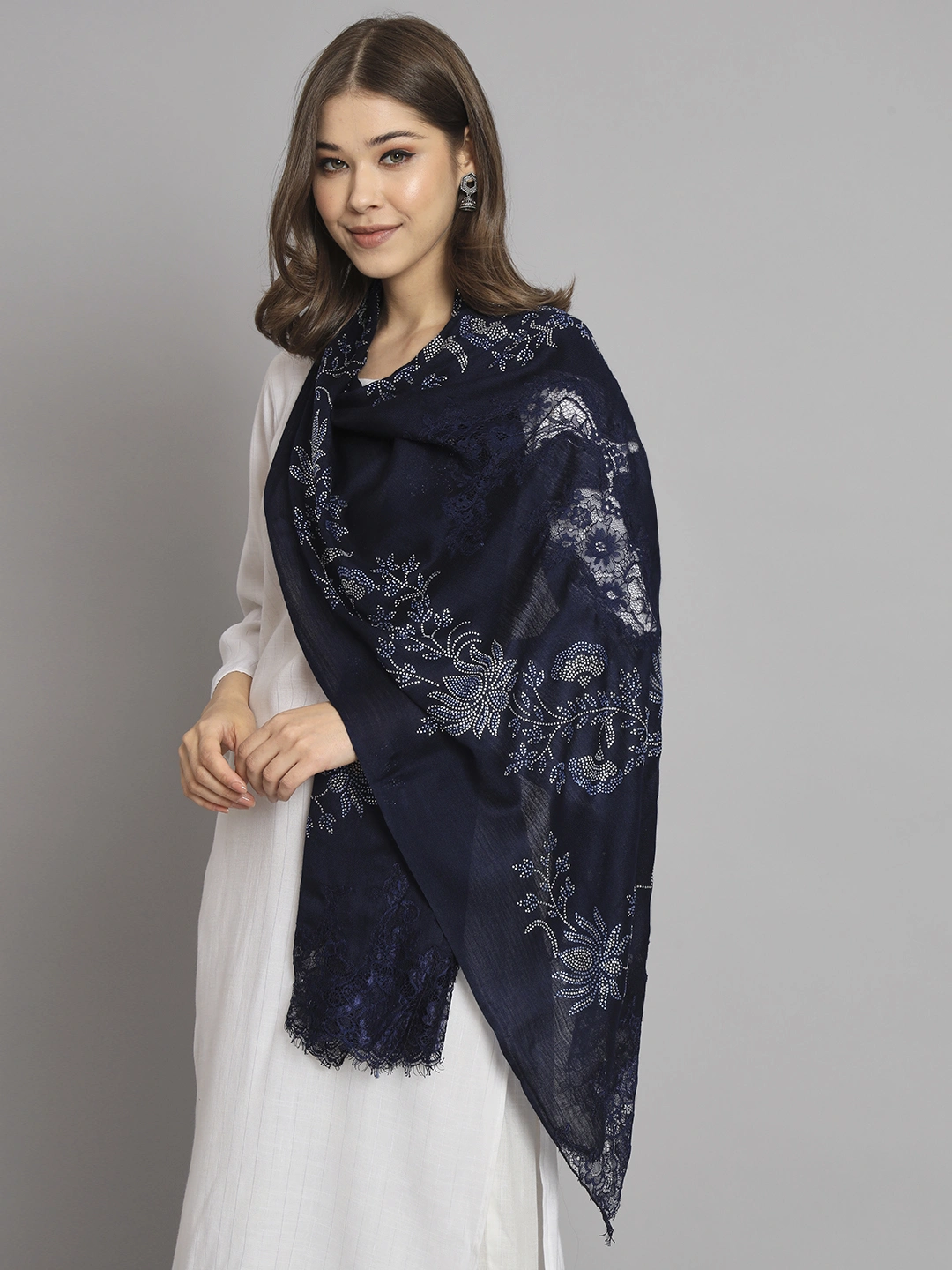 Blue Shawl with Floral Swarovski Design and Lace-4