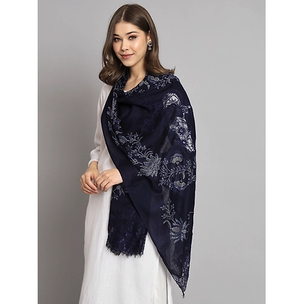 Blue Shawl with Floral Swarovski Design and Lace-4