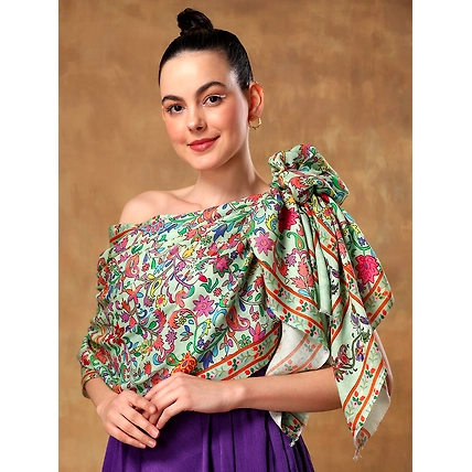 Green Shawl with kalamkari print, beautiful kalamkari shawl-MOD-IK-GR-EMBR-FLRD