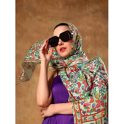 Green Shawl with kalamkari print, beautiful kalamkari shawl-1