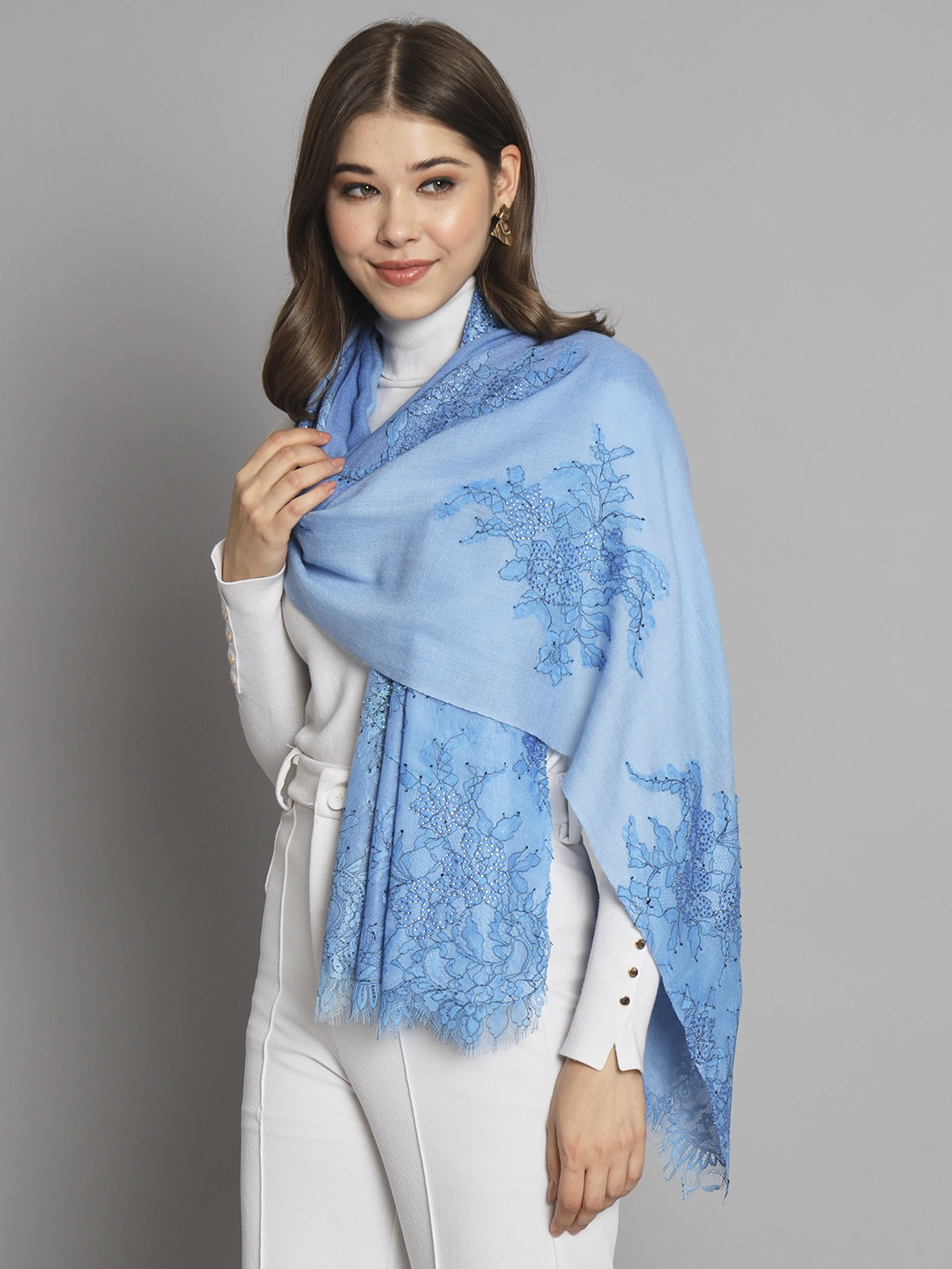 Ombre Blue Shawl with lace and swarovski design-MOD-IK-LCBL-OMB