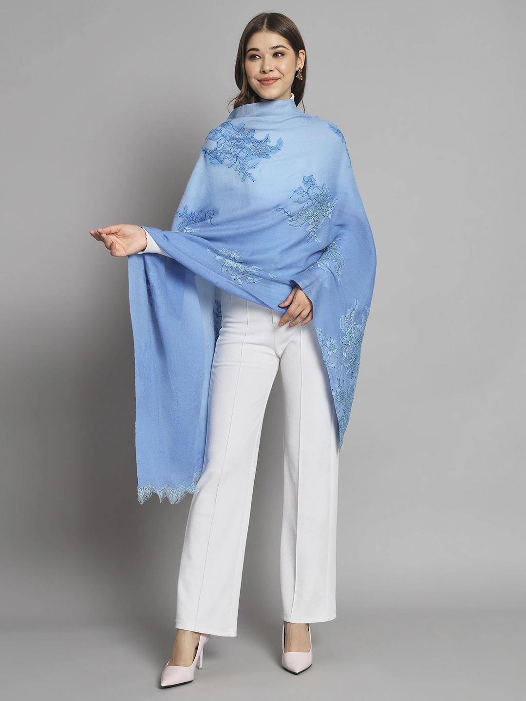 Ombre Blue Shawl with lace and swarovski design-3