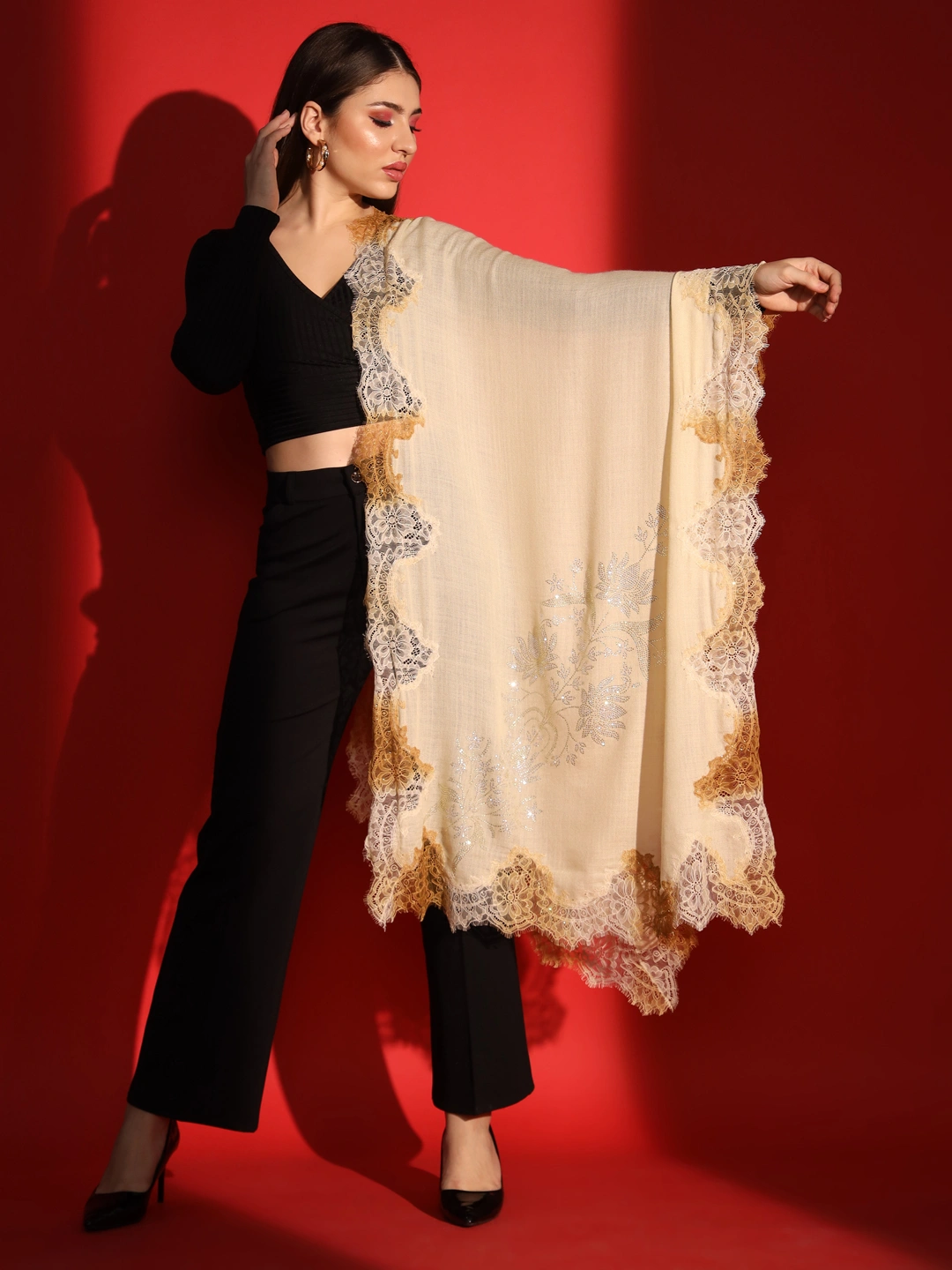 beige shawl with lace and swarovski-ladies kashmiri shawl-MOD-IK-LCSWA-SLBGE