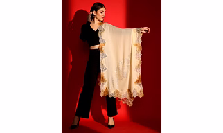beige shawl with lace and swarovski-ladies kashmiri shawl