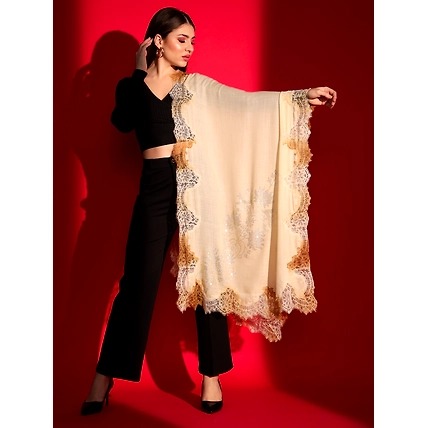 beige shawl with lace and swarovski-ladies kashmiri shawl-MOD-IK-LCSWA-SLBGE