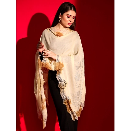 beige shawl with lace and swarovski-ladies kashmiri shawl-2