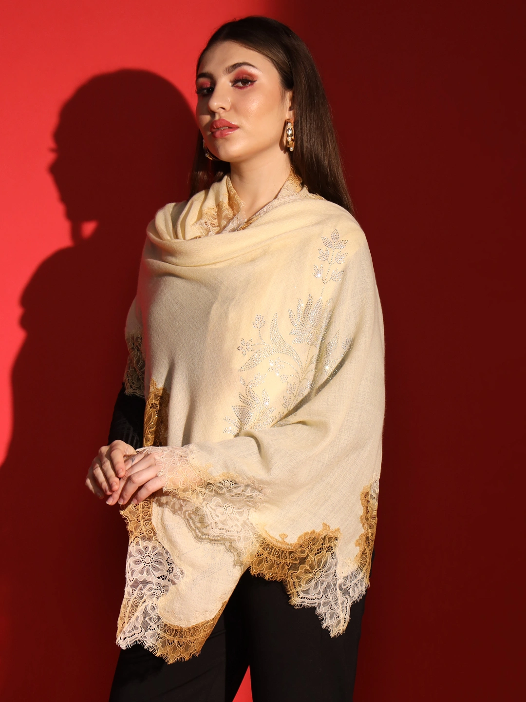 beige shawl with lace and swarovski-ladies kashmiri shawl-3