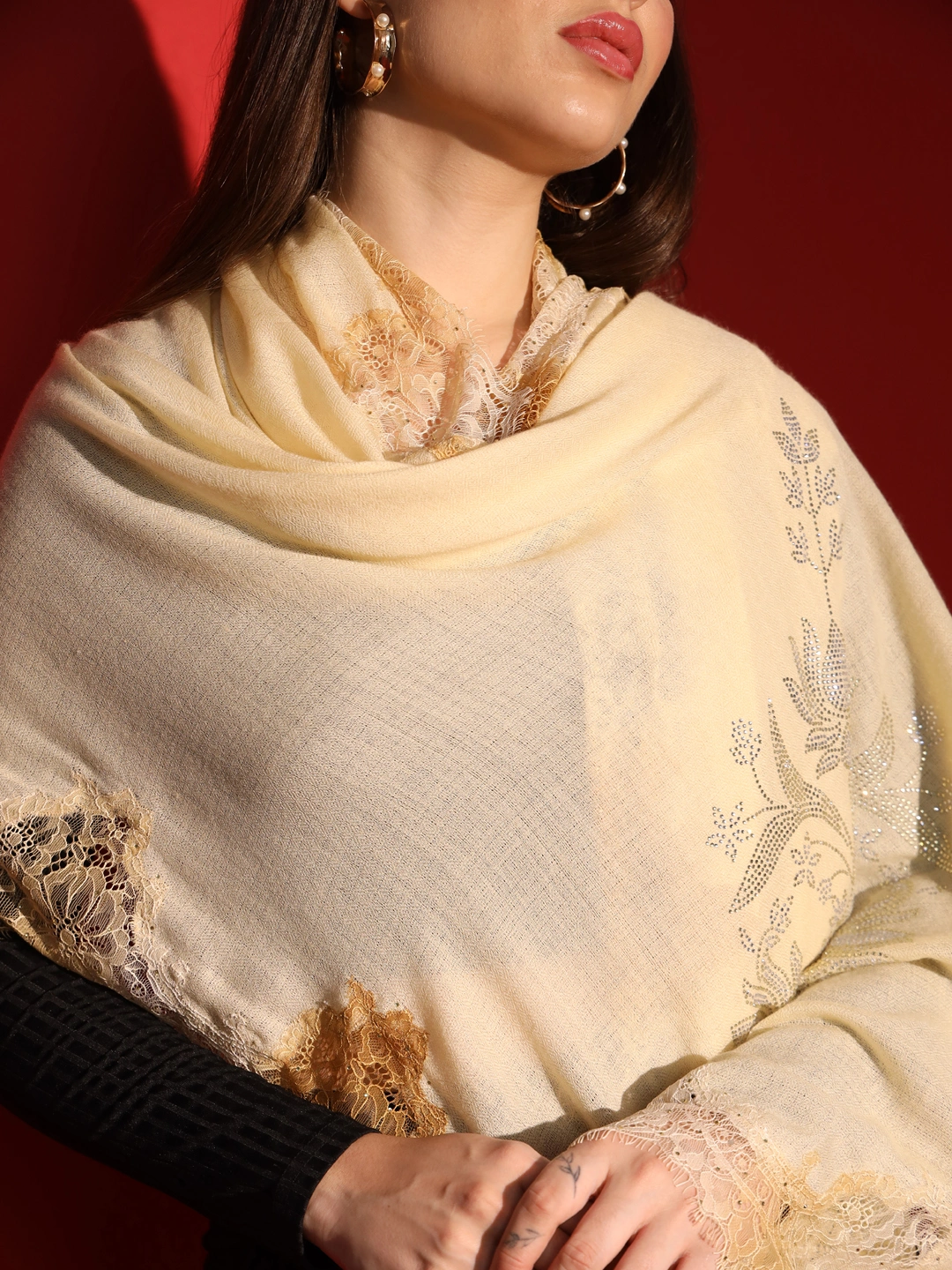 beige shawl with lace and swarovski-ladies kashmiri shawl-5