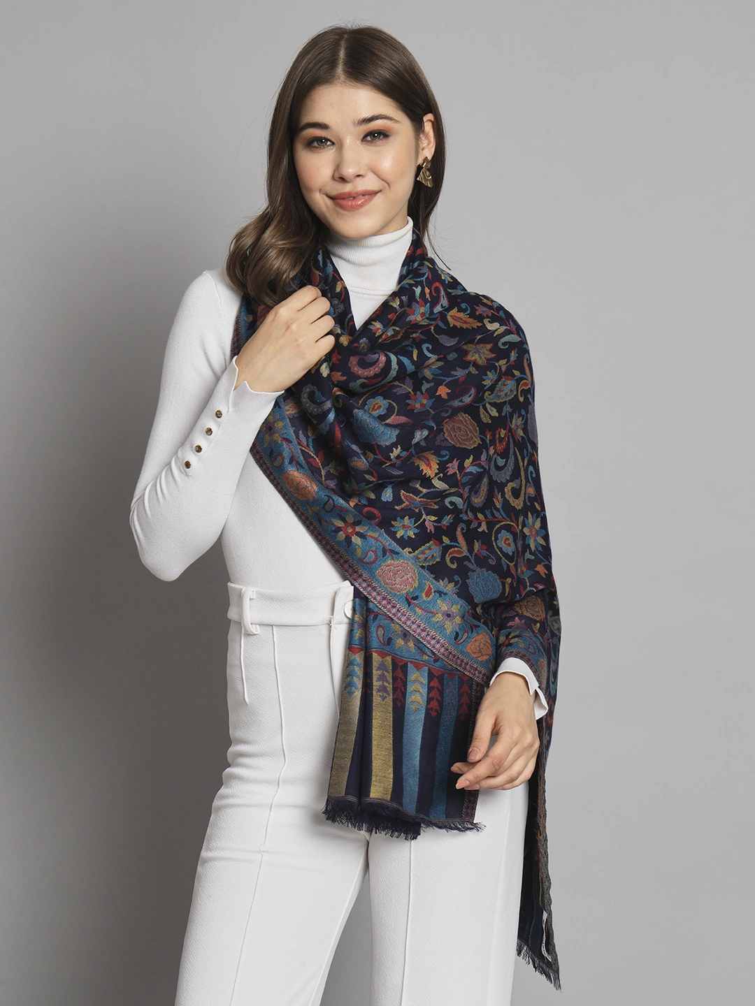 Navy Blue Floral Artwork Kani Shawl-MOD-IK-ML-EMBR-FLBB