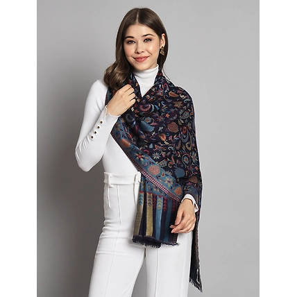 Navy Blue Floral Artwork Kani Shawl-MOD-IK-ML-EMBR-FLBB