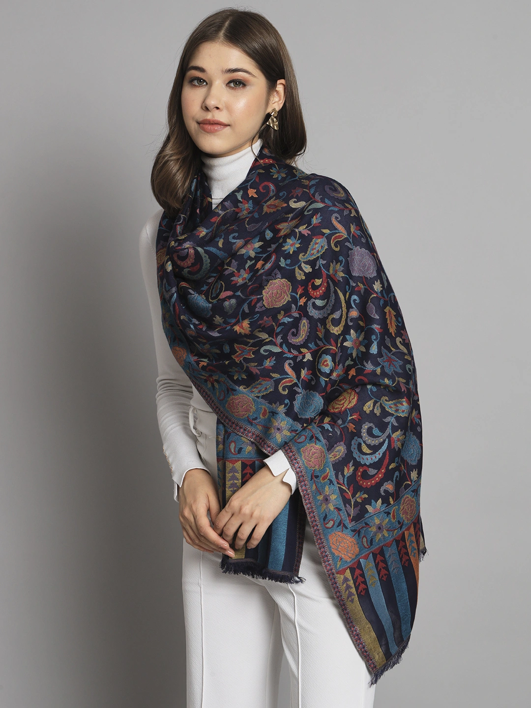 Navy Blue Floral Artwork Kani Shawl-1