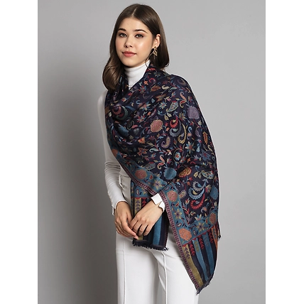 Navy Blue Floral Artwork Kani Shawl-1