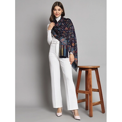 Navy Blue Floral Artwork Kani Shawl-2