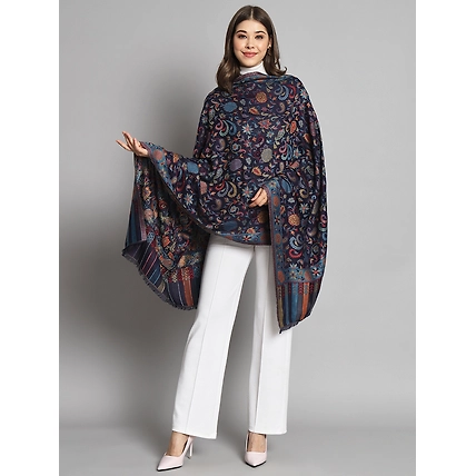 Navy Blue Floral Artwork Kani Shawl-3