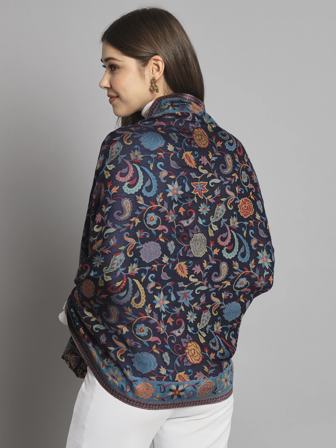 Navy Blue Floral Artwork Kani Shawl-4