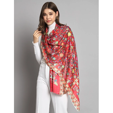 Red shawl with beautiful jamavar print and outlined embroidery-MOD-IK-ML-EMBR-FLRD