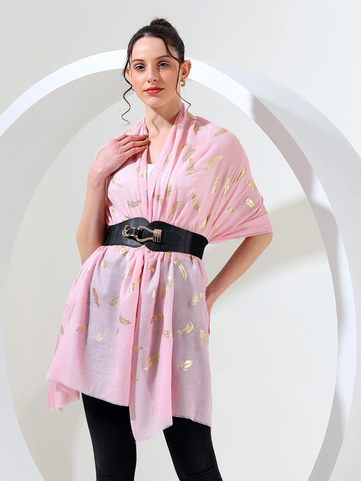 Pink shawl with gold leaf, best printed shawl online-1