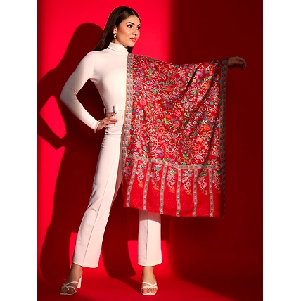 Red Kalamkari Shawl intricately embroidered winter shawl for ladies-MOD-IK-RD-EMBR