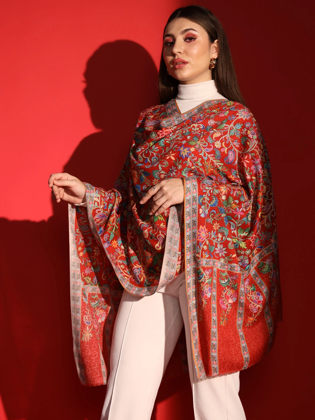 Red Kalamkari Shawl intricately embroidered winter shawl for ladies-2