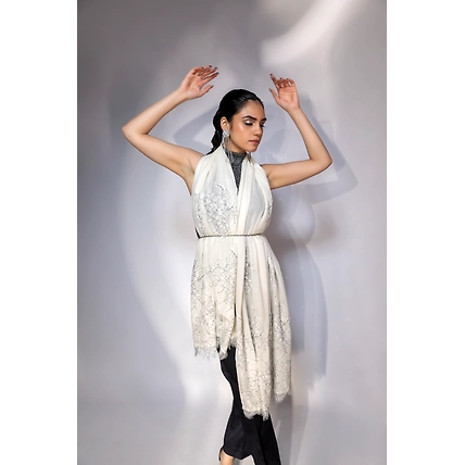 White shawl with lace, women shawl for winter-MOD-IK-WH-LACE