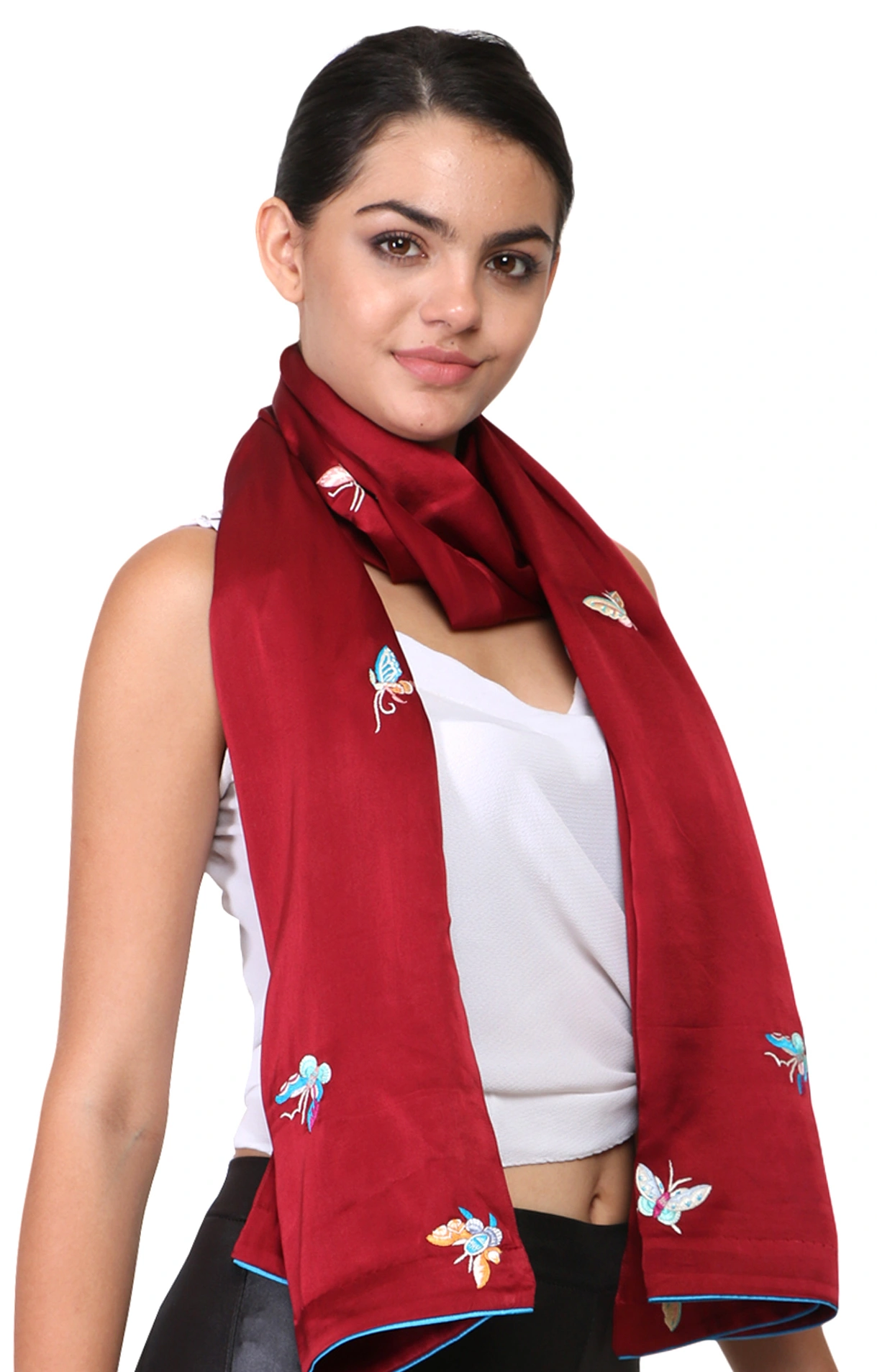 Maroon Rainbow Butterfly Parsi Hand Embroidery Stole-MOD-MAR-PARSI-RBUTTERFLY