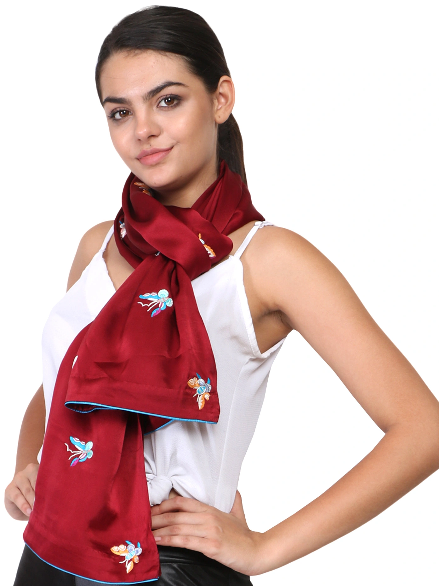 Maroon Rainbow Butterfly Parsi Hand Embroidery Stole-1