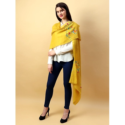 Yellow Shawl, Pure Pashmina Shawl hand embroidered with floral basket pattern-MOD-MUSTARD-PP-FB