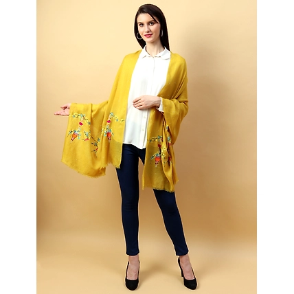 Yellow Shawl, Pure Pashmina Shawl hand embroidered with floral basket pattern-1