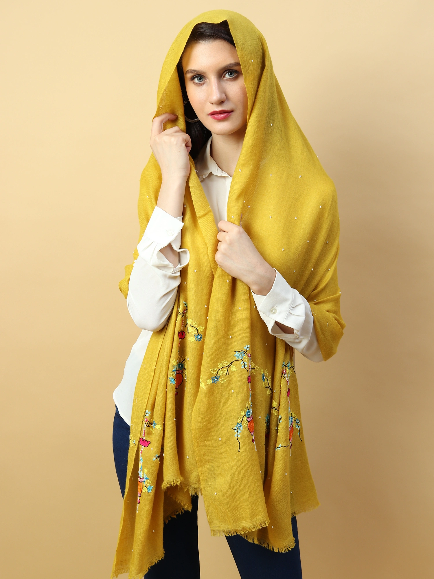 Yellow Shawl, Pure Pashmina Shawl hand embroidered with floral basket pattern-2