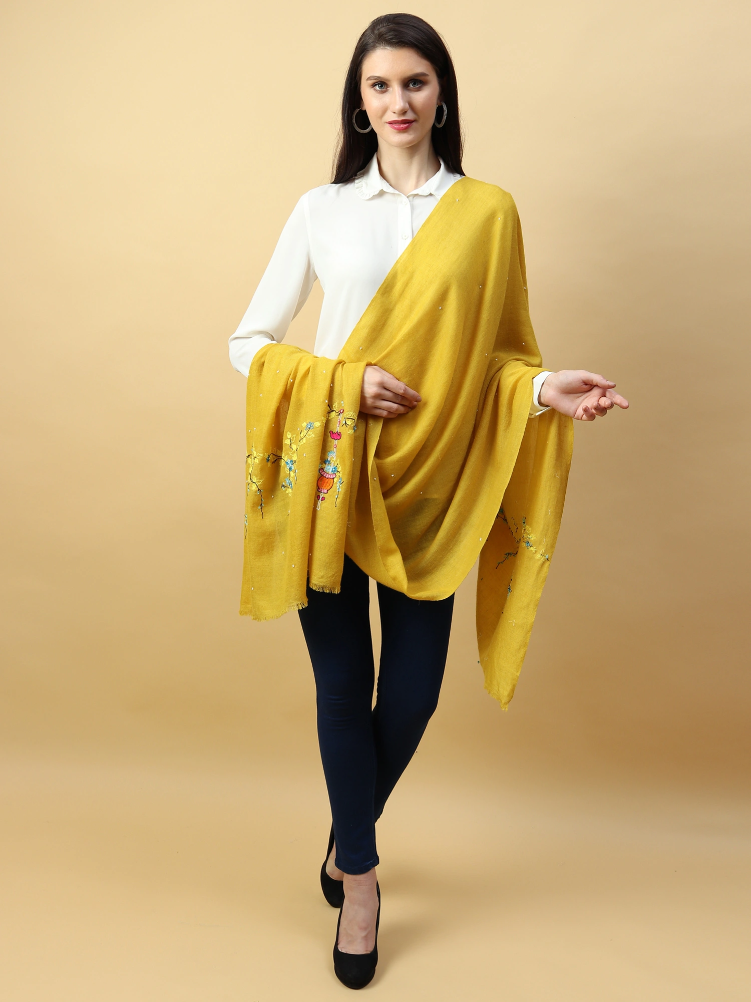 Yellow Shawl, Pure Pashmina Shawl hand embroidered with floral basket pattern-3