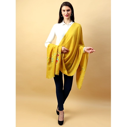 Yellow Shawl, Pure Pashmina Shawl hand embroidered with floral basket pattern-3