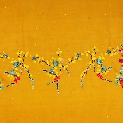 Yellow Shawl, Pure Pashmina Shawl hand embroidered with floral basket pattern-4