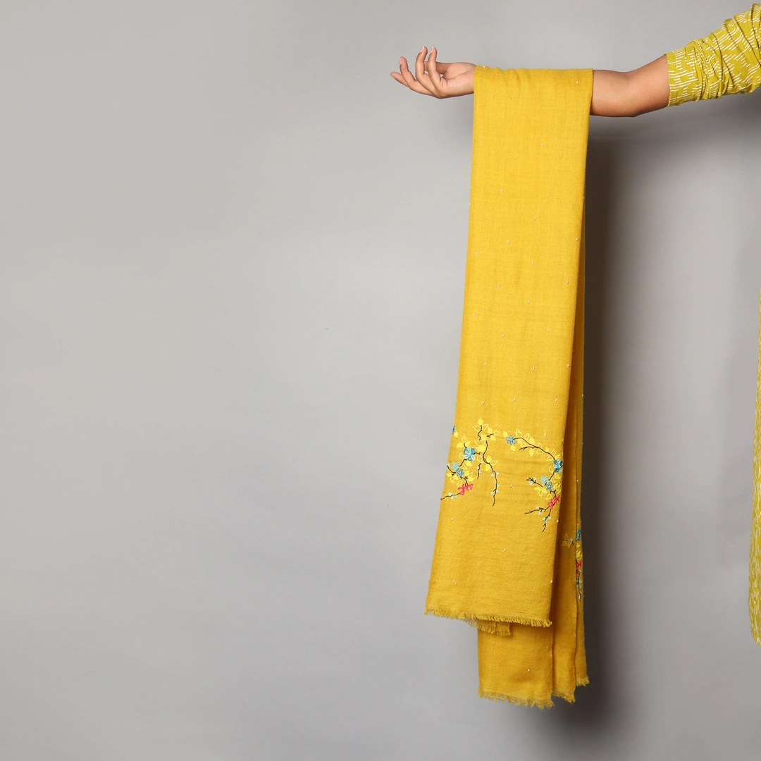 Yellow Shawl, Pure Pashmina Shawl hand embroidered with floral basket pattern-5