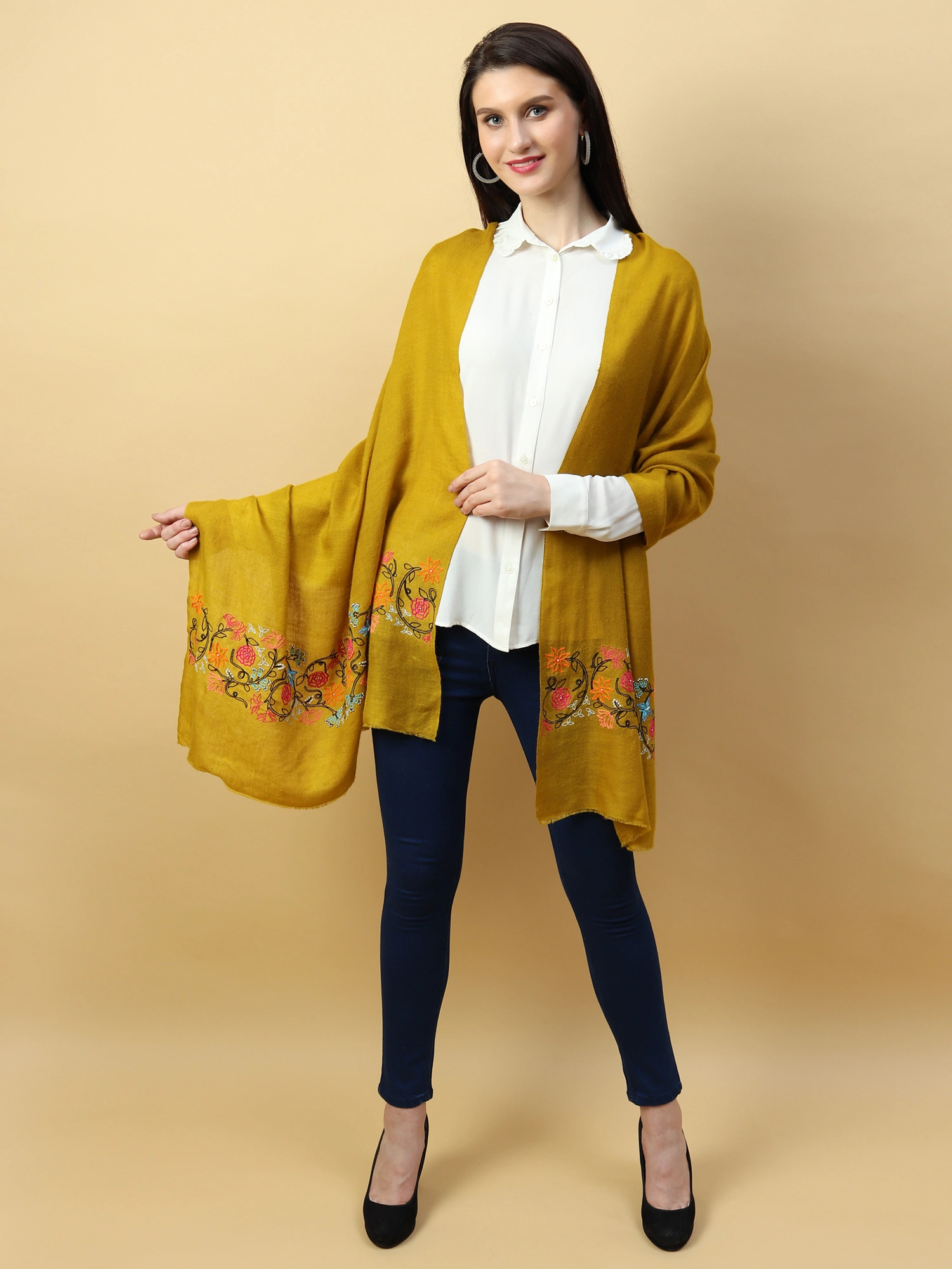 Yellow Shawl, Pure Pashmina Shawl hand embroidered with floral pearl pattern-MOD-MUSTARD-PP-FLORAL