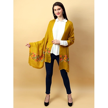 Yellow Shawl, Pure Pashmina Shawl hand embroidered with floral pearl pattern-MOD-MUSTARD-PP-FLORAL